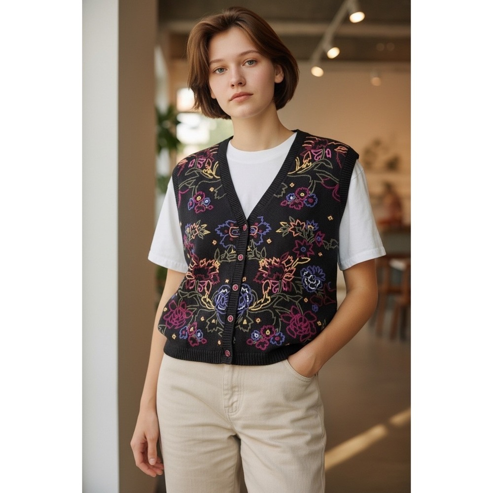 Vintage 90s That's Me! Floral Multicolor‎ Sweater Vest Women's XL grandmacore
